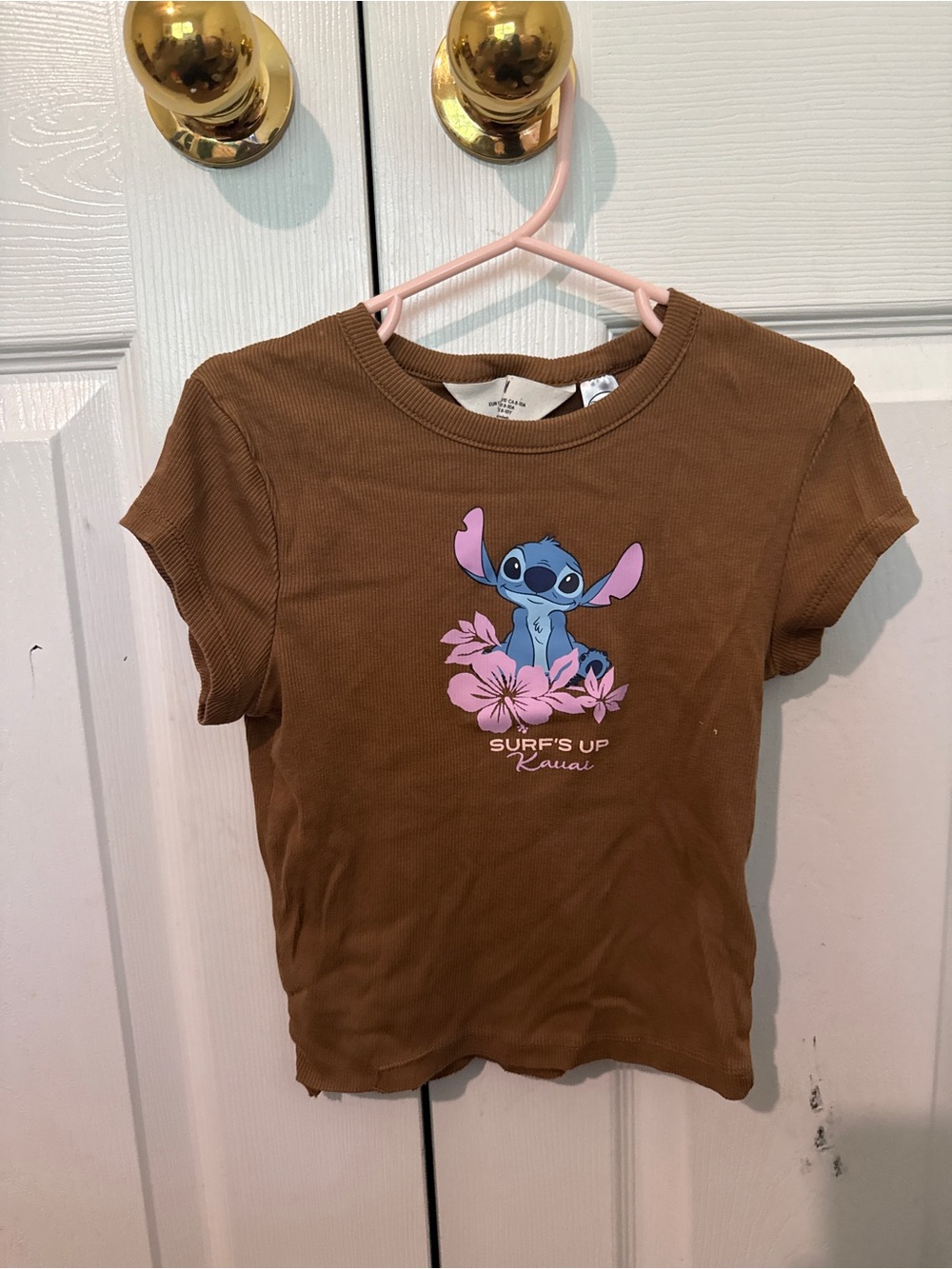H&M Brown Kids Tee with Blue Stitch and Pink Floral Graphic
